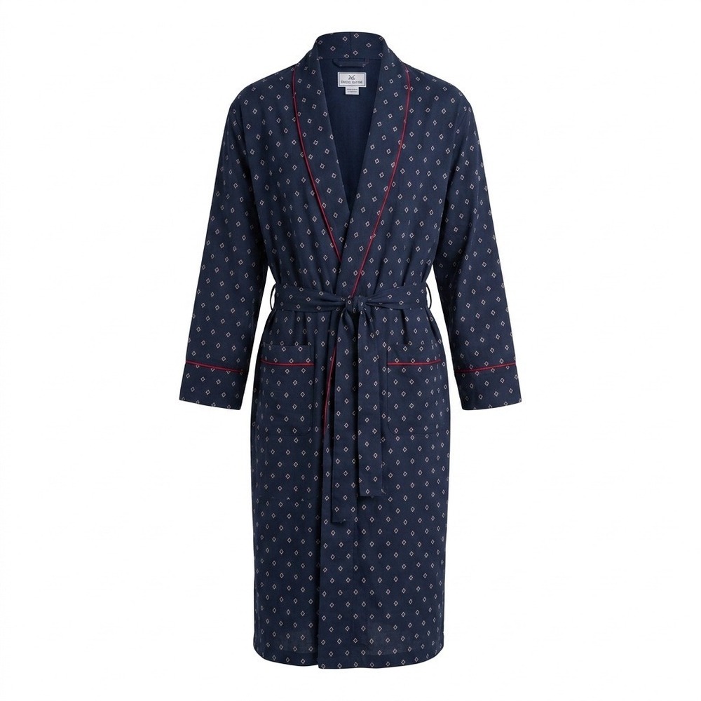Petite Plume Mens Navy Blue Pima Cotton Diamond Print Robe L-XL Luxury Sleepwear